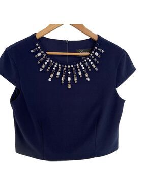 Lyman by Frank Lyman crop top beaded blouse blue short sleeves in size 12